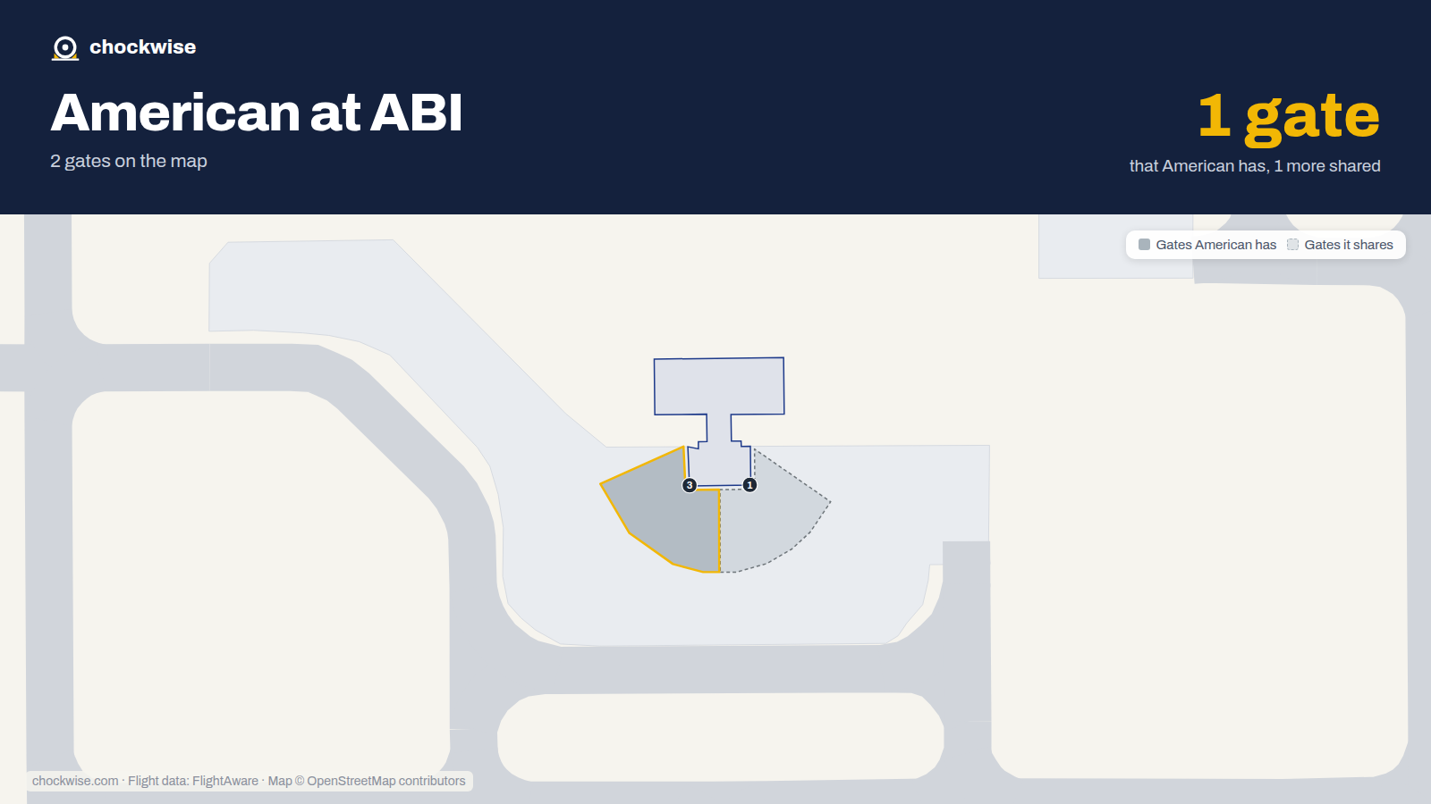 Map of ABI with the gates American Airlines uses highlighted: 3.