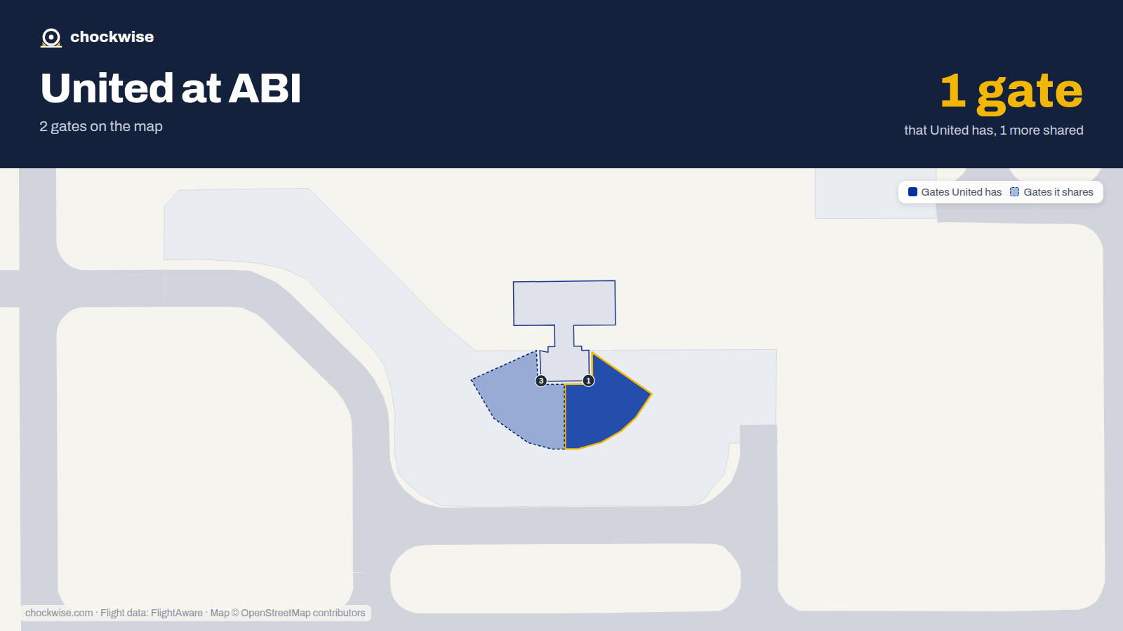 Map of ABI with the gates United Airlines uses highlighted: 1.