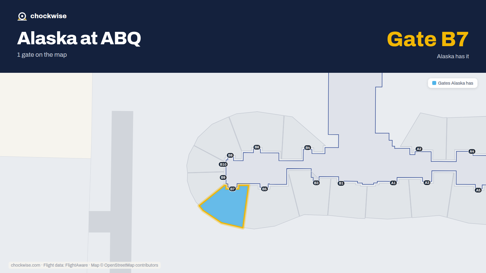 Map of ABQ with the gates Alaska Airlines uses highlighted: B7.