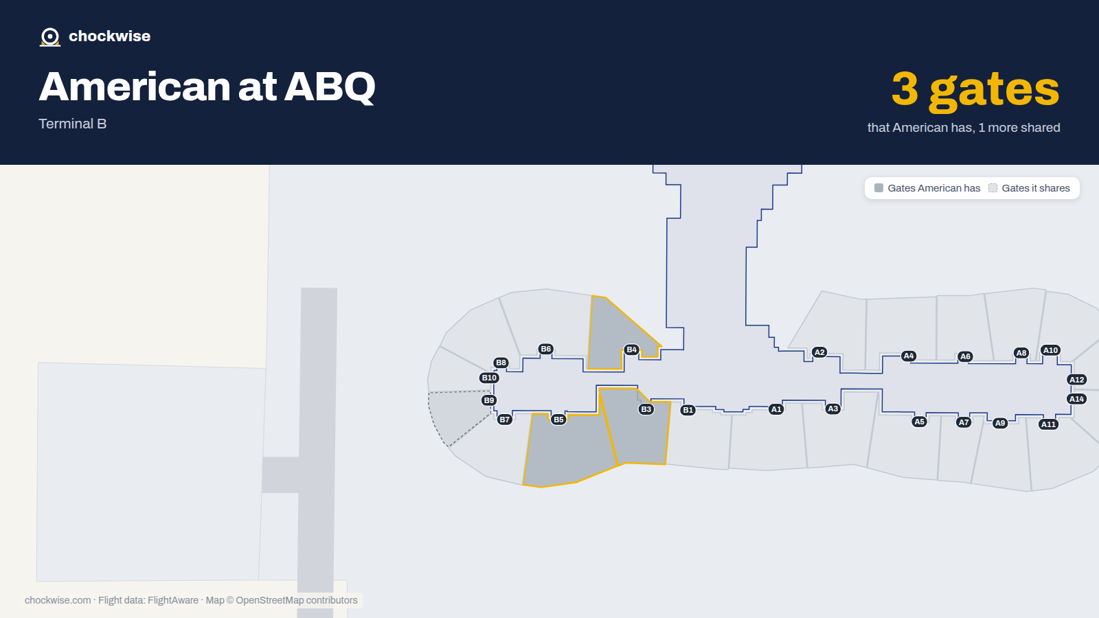 Map of ABQ with the gates American Airlines uses highlighted: B3, B4 and B5.