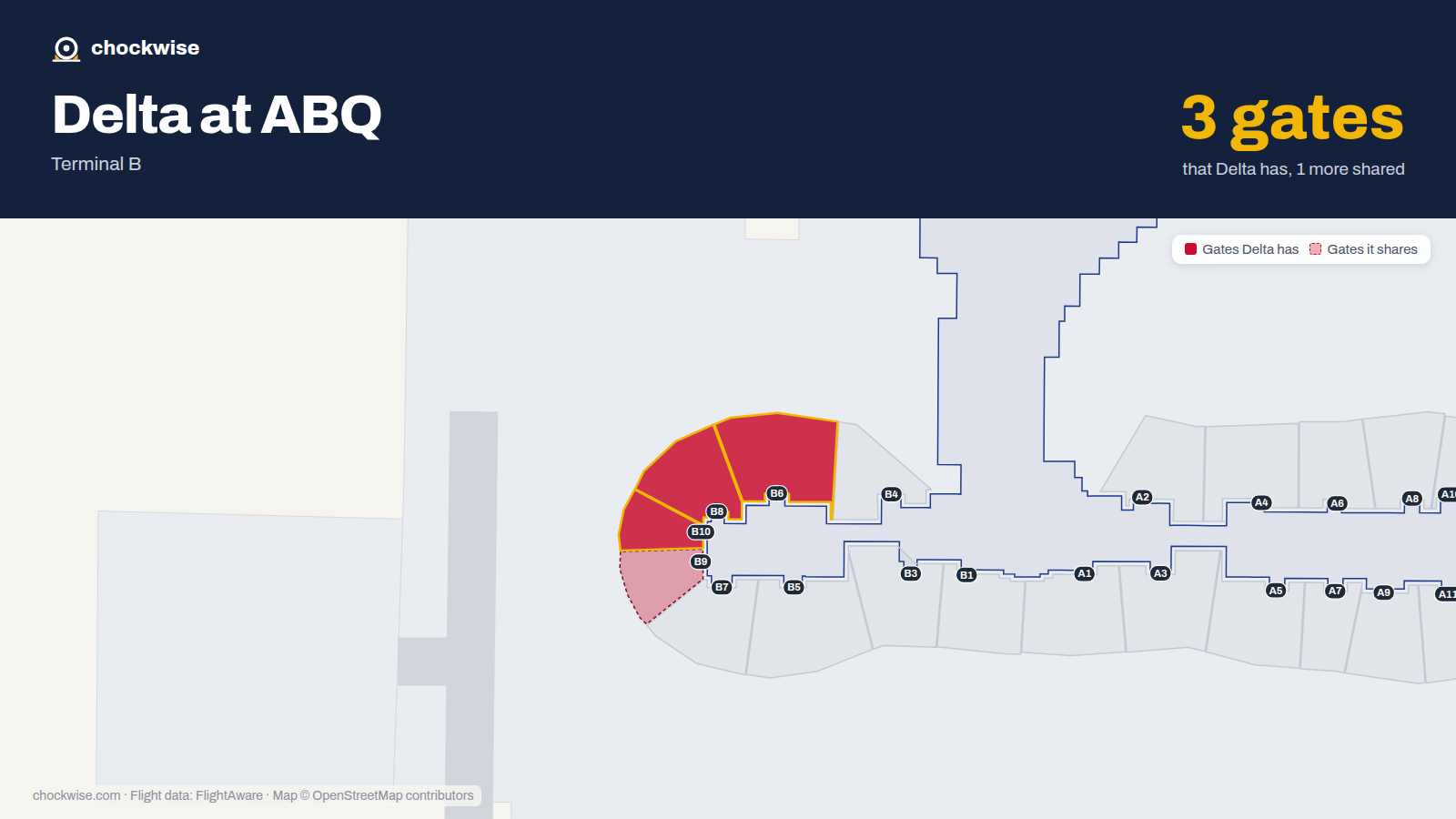 Map of ABQ with the gates Delta Air Lines uses highlighted: B6, B8 and B10.