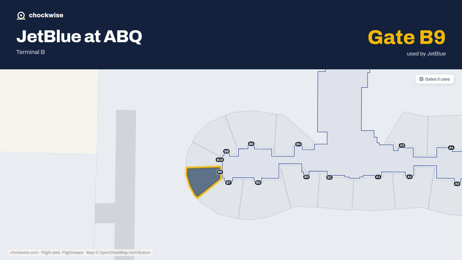 Map of ABQ with the gates JetBlue uses highlighted: B9.