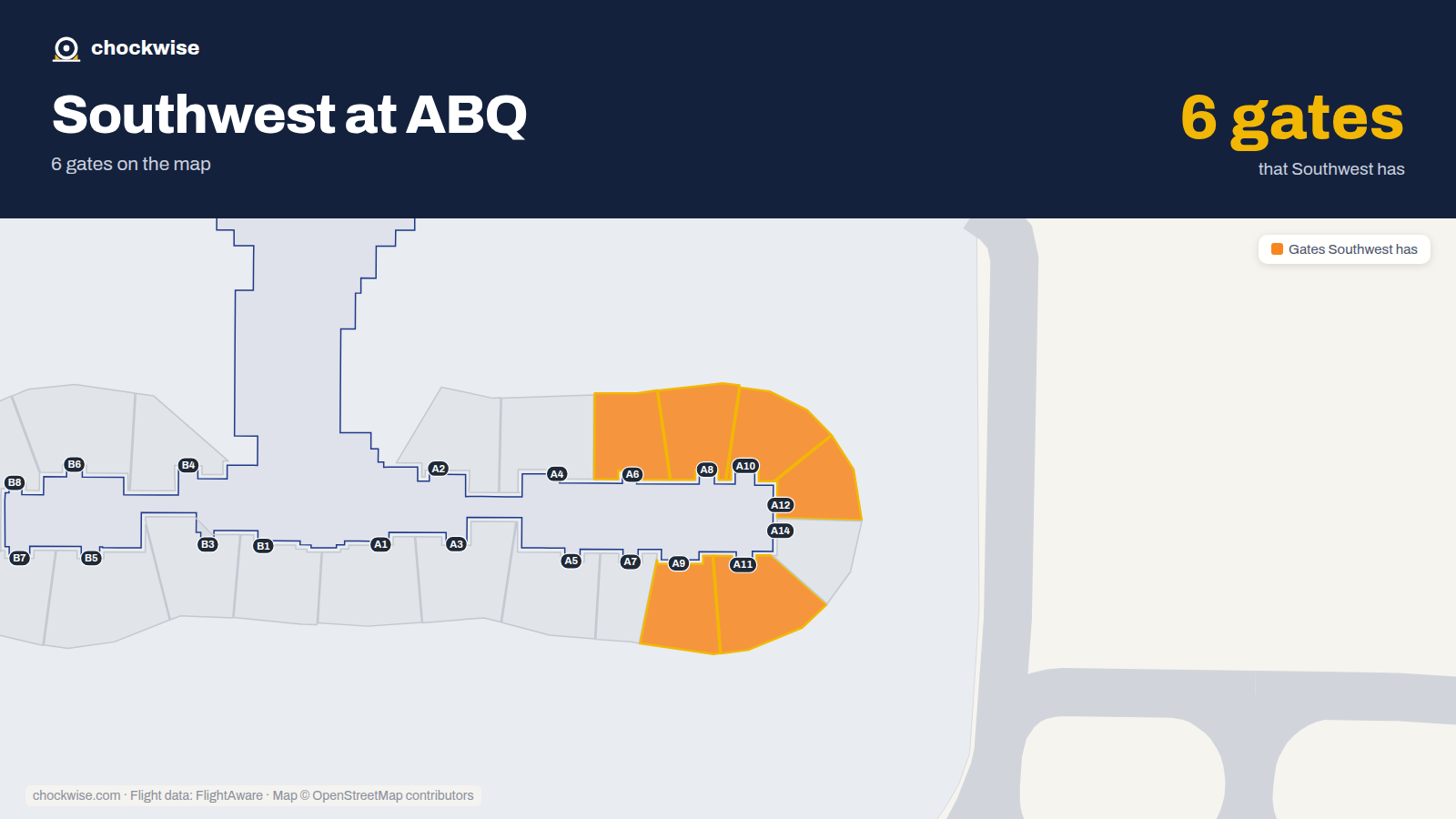 Map of ABQ with the gates Southwest Airlines uses highlighted: A6, A8, A9, A10, A11 and A12.