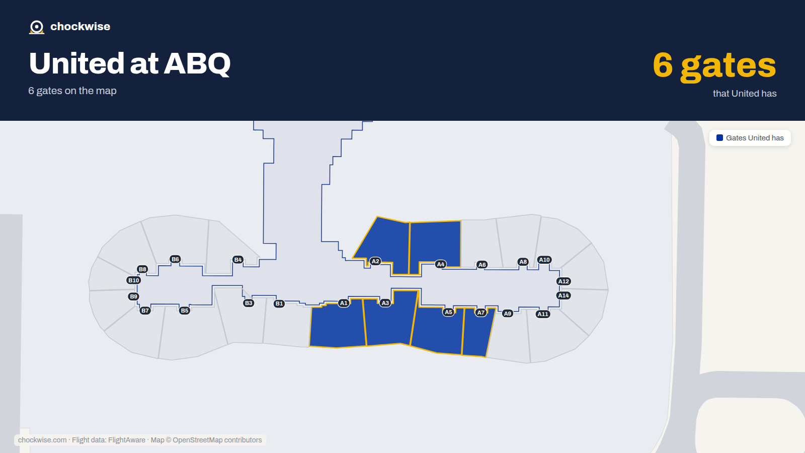 Map of ABQ with the gates United Airlines uses highlighted: A1, A2, A3, A4, A5 and A7.
