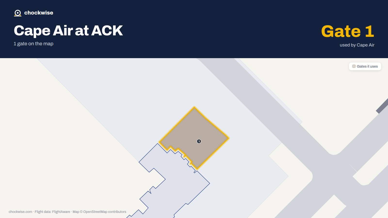 Map of ACK with the gates Cape Air uses highlighted: 1.