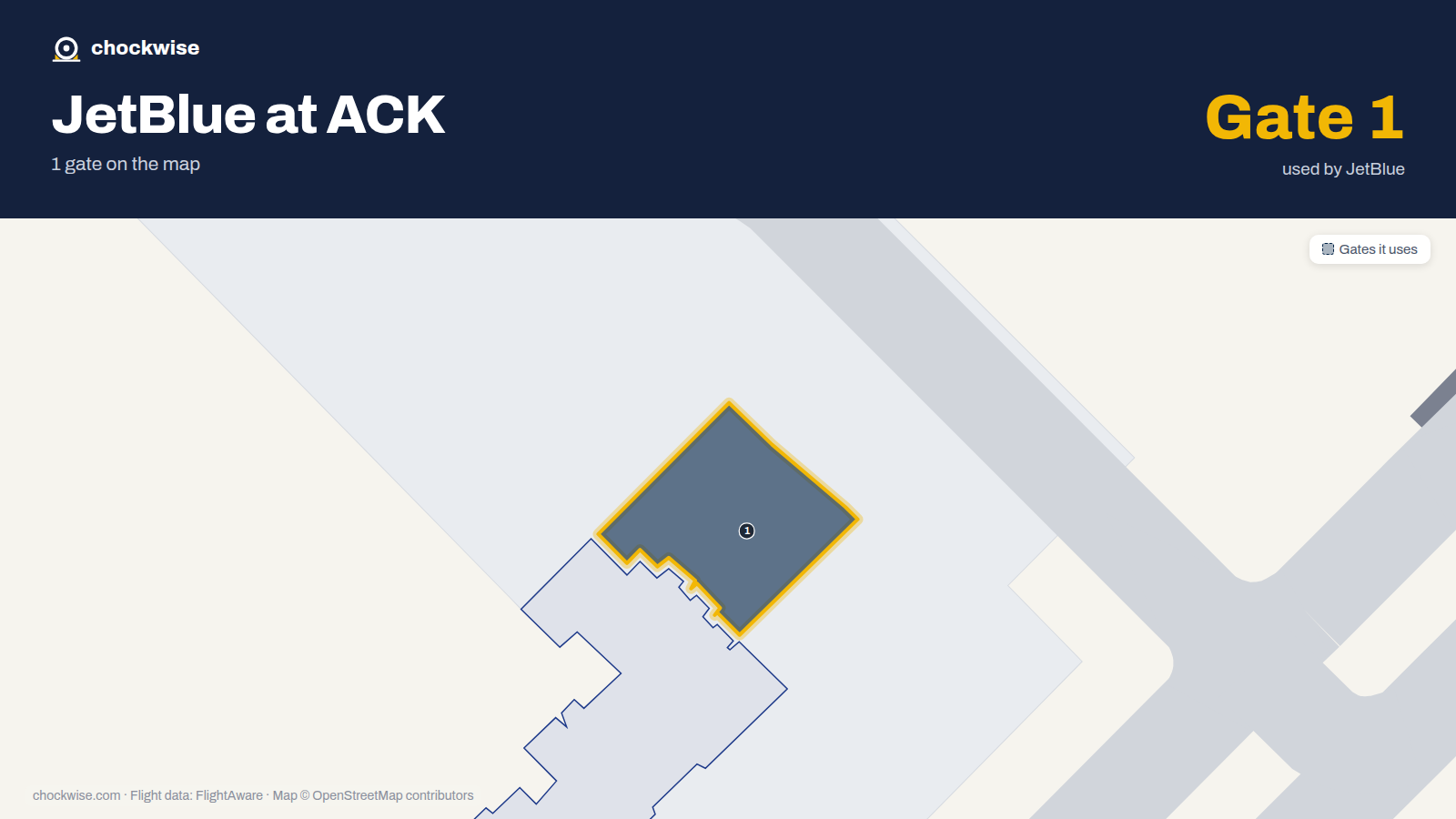 Map of ACK with the gates JetBlue uses highlighted: 1.