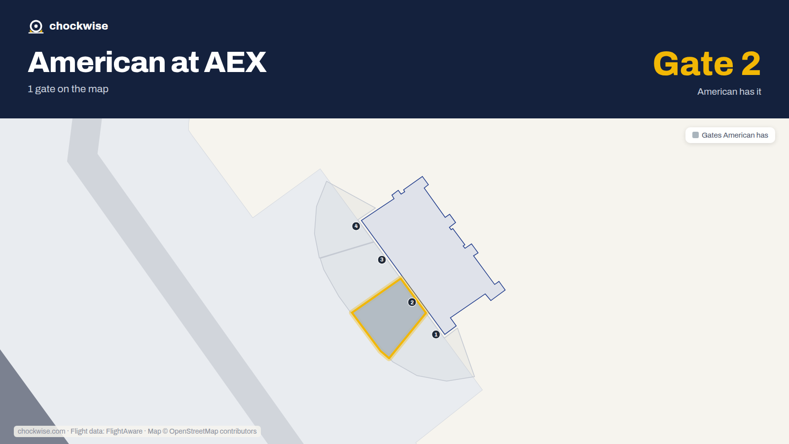 Map of AEX with the gates American Airlines uses highlighted: 2.