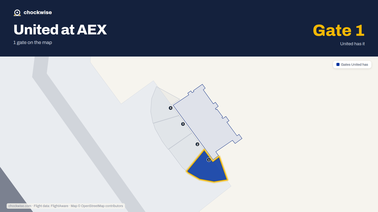 Map of AEX with the gates United Airlines uses highlighted: 1.