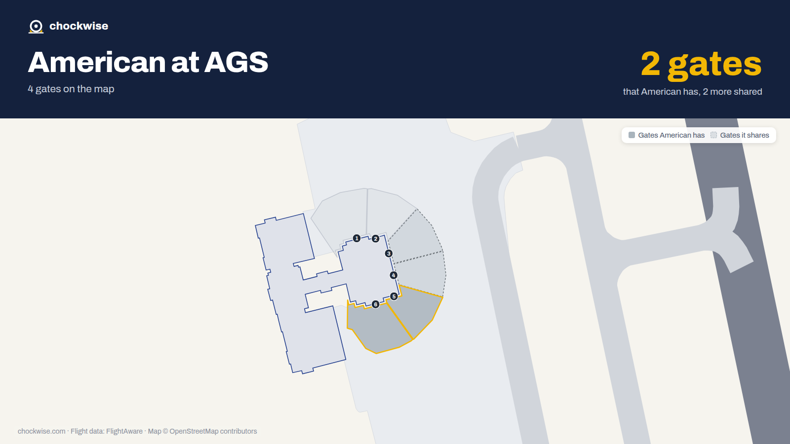 Map of AGS with the gates American Airlines uses highlighted: 5 and 6.