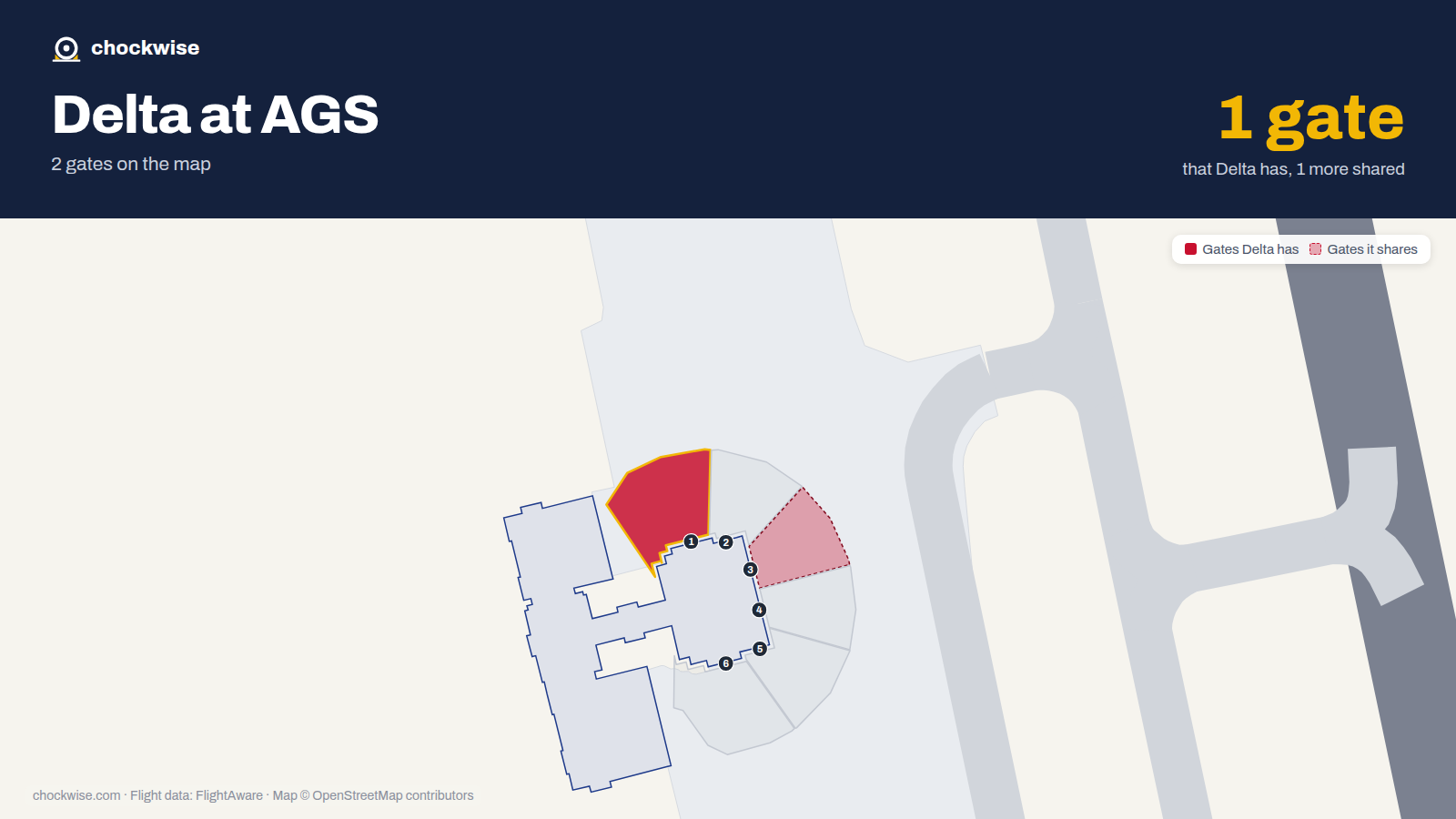 Map of AGS with the gates Delta Air Lines uses highlighted: 1.
