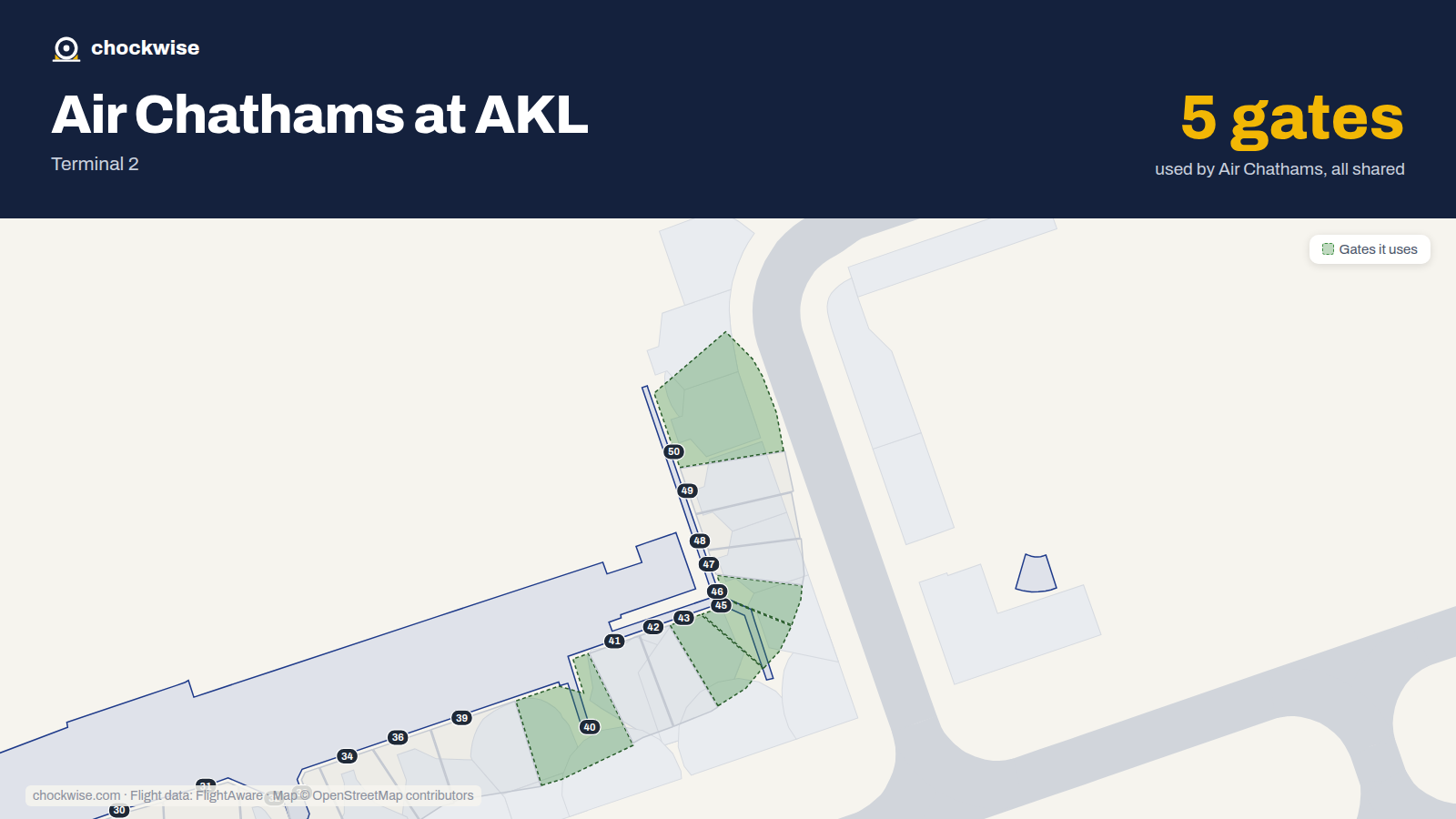Map of AKL with the gates Air Chathams uses highlighted: 40, 43, 45, 46 and 50.
