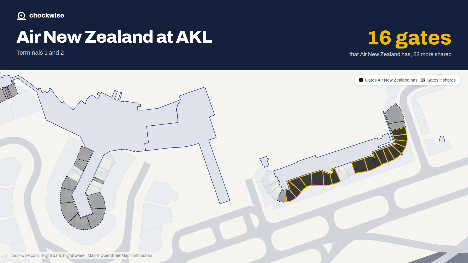 Map of AKL with the gates Air New Zealand uses highlighted: 24, 28, 29, 30, 31, 32, 33, 39 and 8 more.