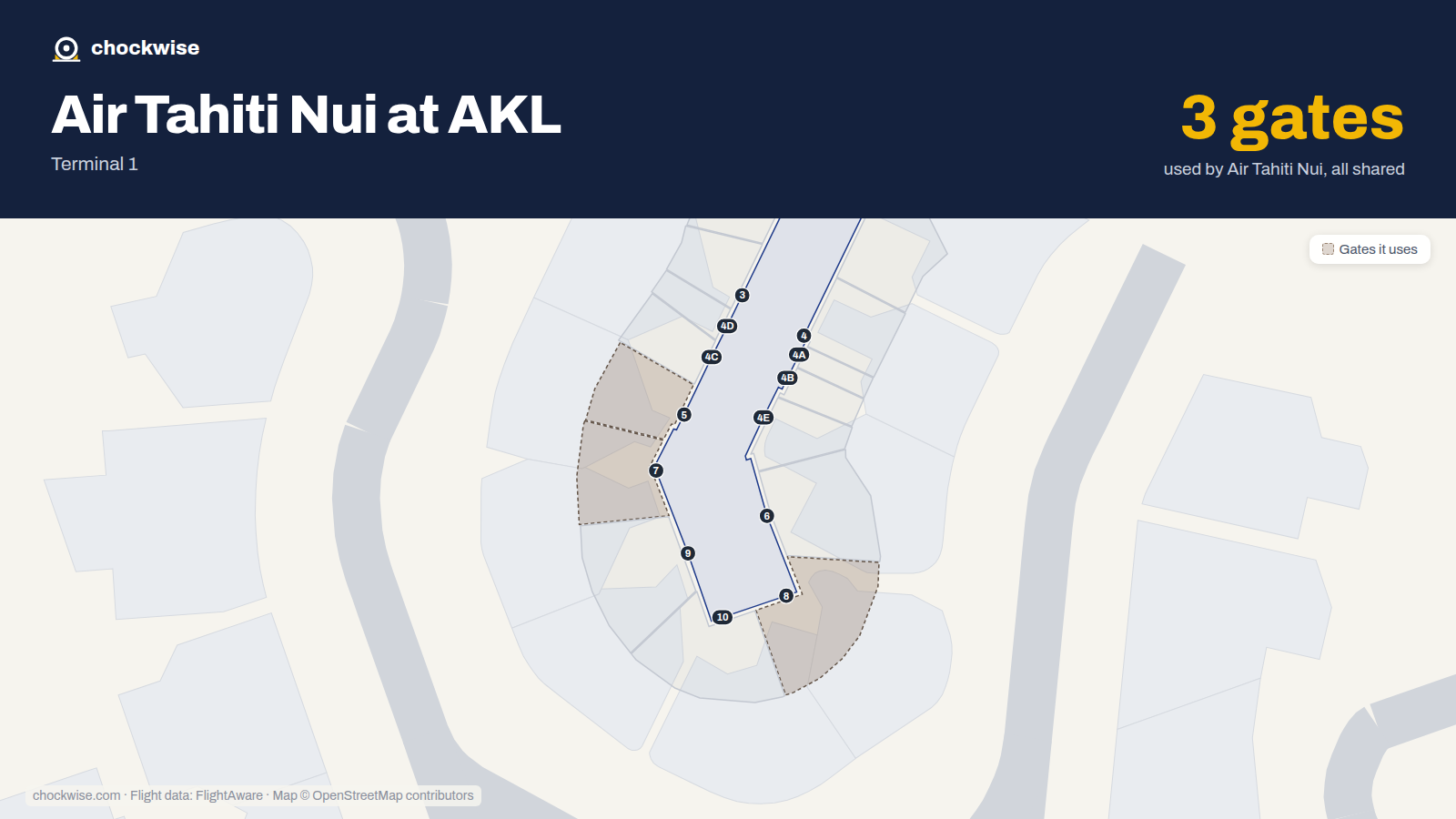 Map of AKL with the gates Air Tahiti Nui uses highlighted: 5, 7 and 8.