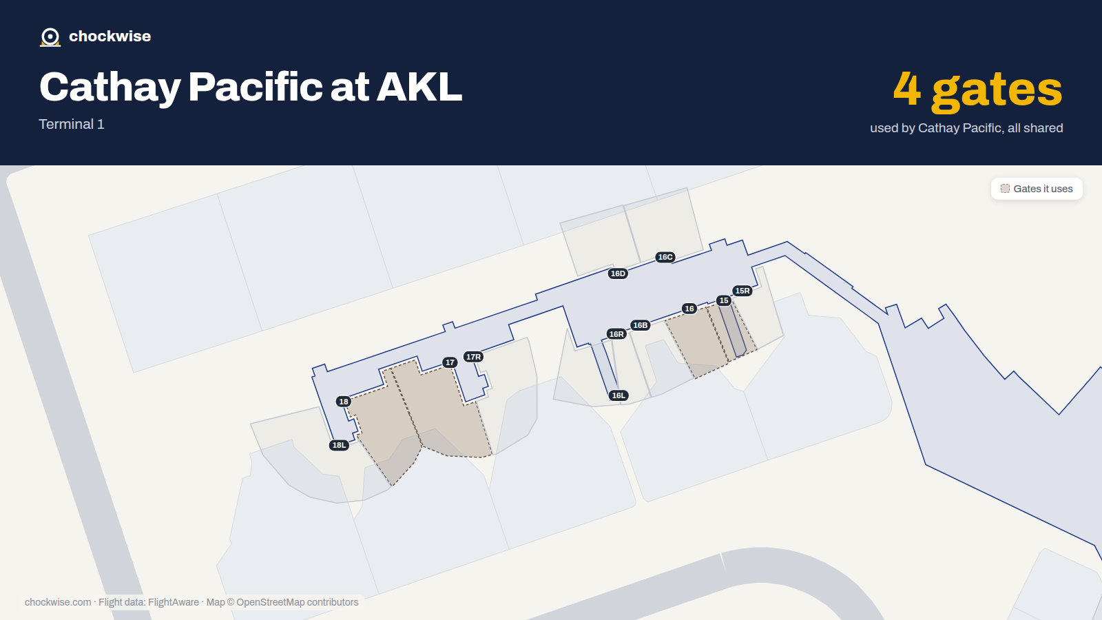 Map of AKL with the gates Cathay Pacific uses highlighted: 15, 16, 17 and 18.