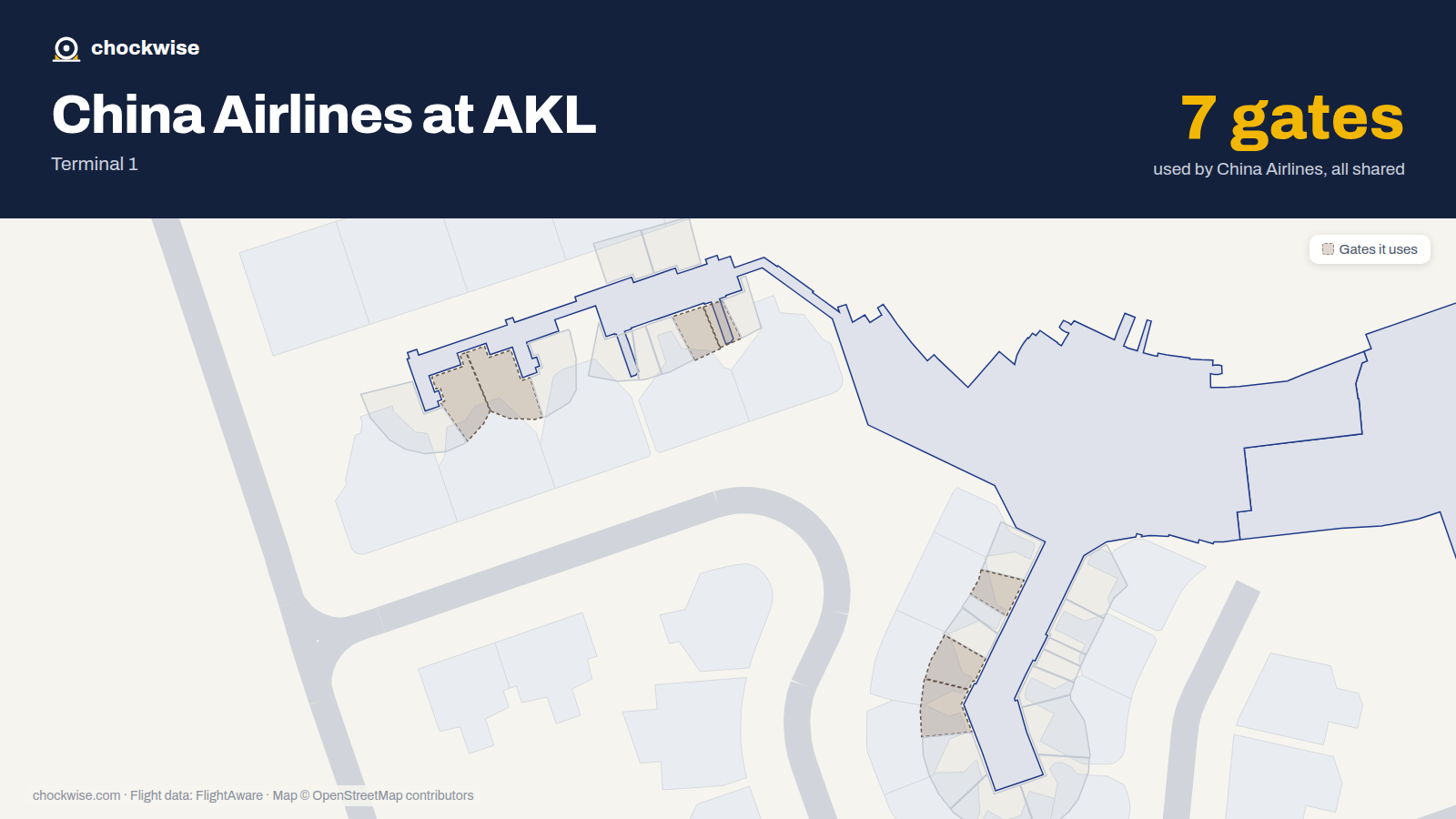 Map of AKL with the gates China Airlines uses highlighted: 3, 5, 7, 15, 16, 17 and 18.