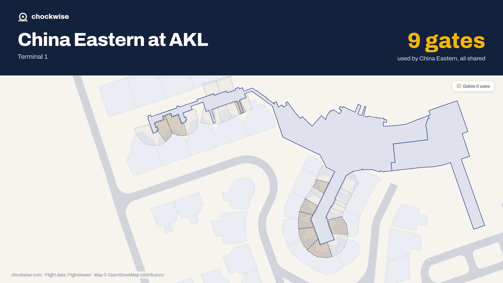 Map of AKL with the gates China Eastern uses highlighted: 3, 5, 6, 7, 9, 10, 15, 17 and 1 more.