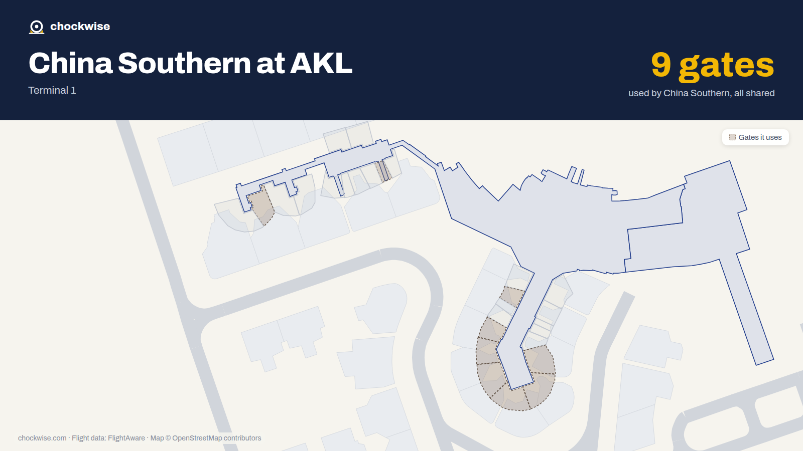 Map of AKL with the gates China Southern uses highlighted: 3, 5, 6, 7, 8, 9, 10, 15 and 1 more.