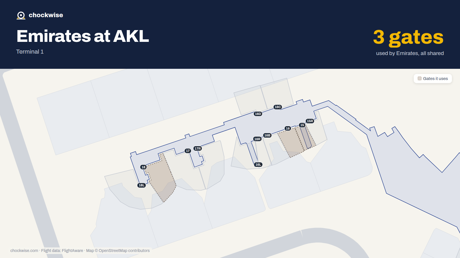 Map of AKL with the gates Emirates uses highlighted: 15, 16 and 18.