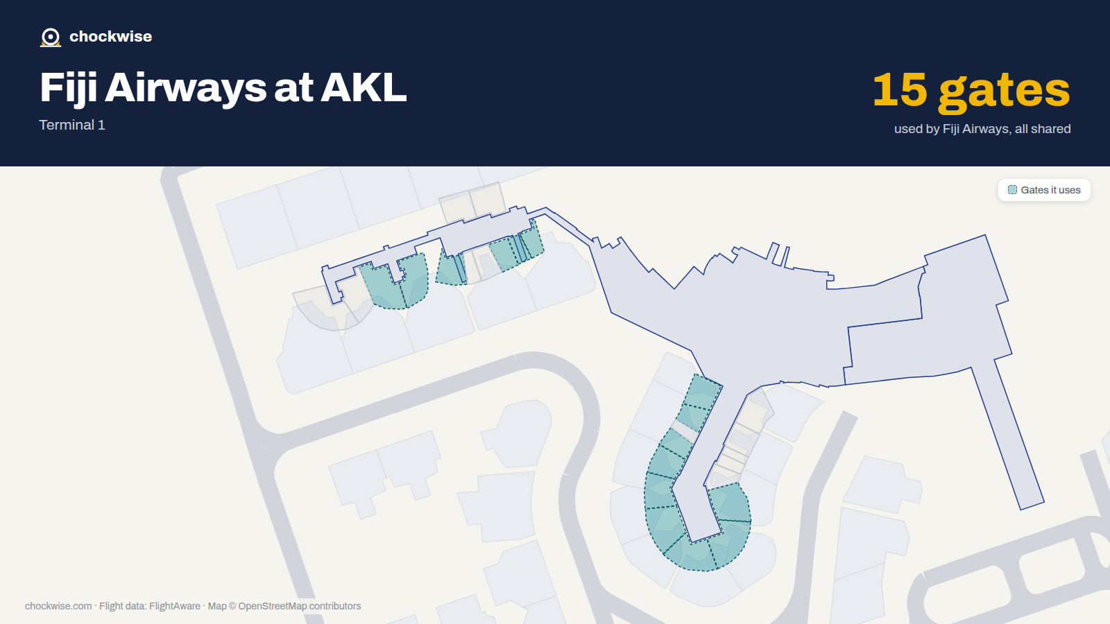 Map of AKL with the gates Fiji Airways uses highlighted: 1, 3, 4C, 5, 6, 7, 8, 9 and 7 more.