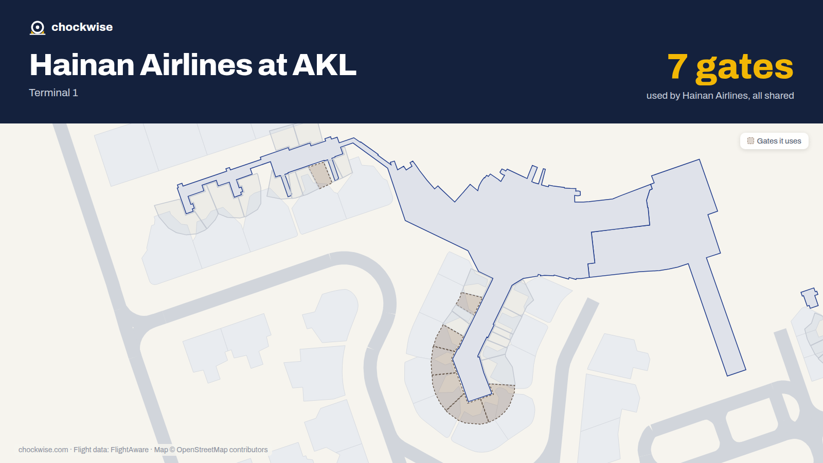 Map of AKL with the gates Hainan Airlines uses highlighted: 3, 5, 7, 8, 9, 10 and 16.