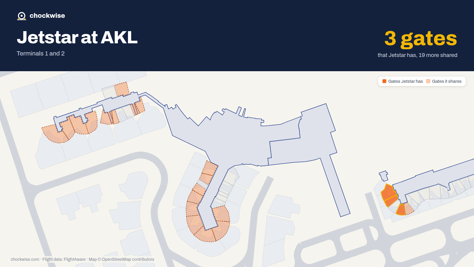 Map of AKL with the gates Jetstar uses highlighted: 20, 21 and 23.