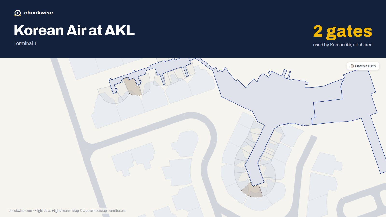 Map of AKL with the gates Korean Air uses highlighted: 10 and 17.