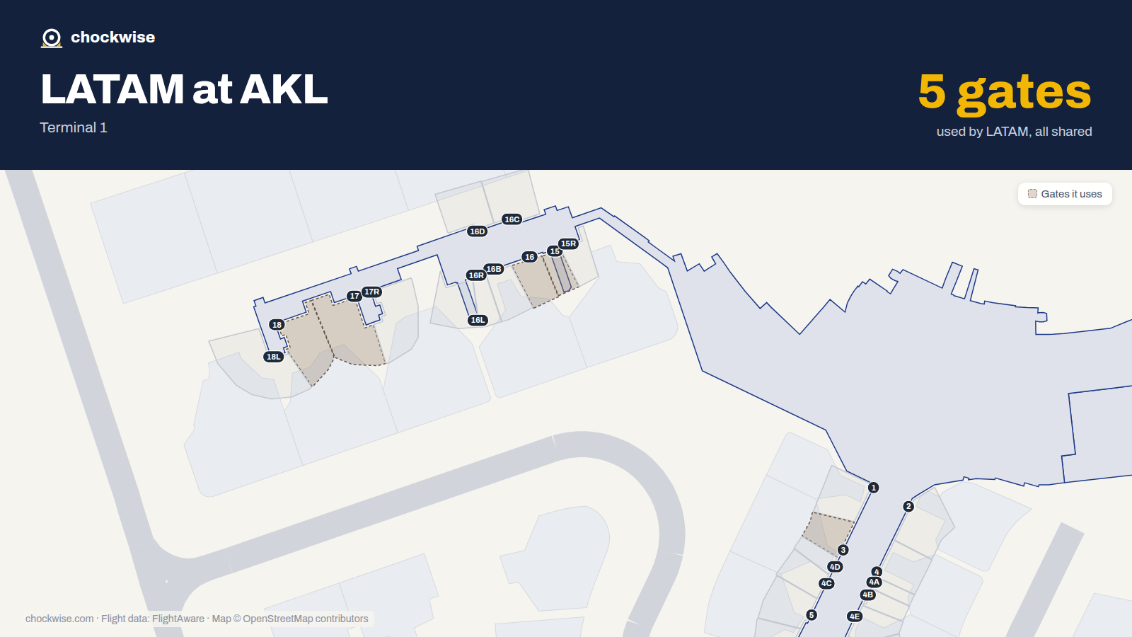 Map of AKL with the gates LATAM Airlines uses highlighted: 3, 15, 16, 17 and 18.