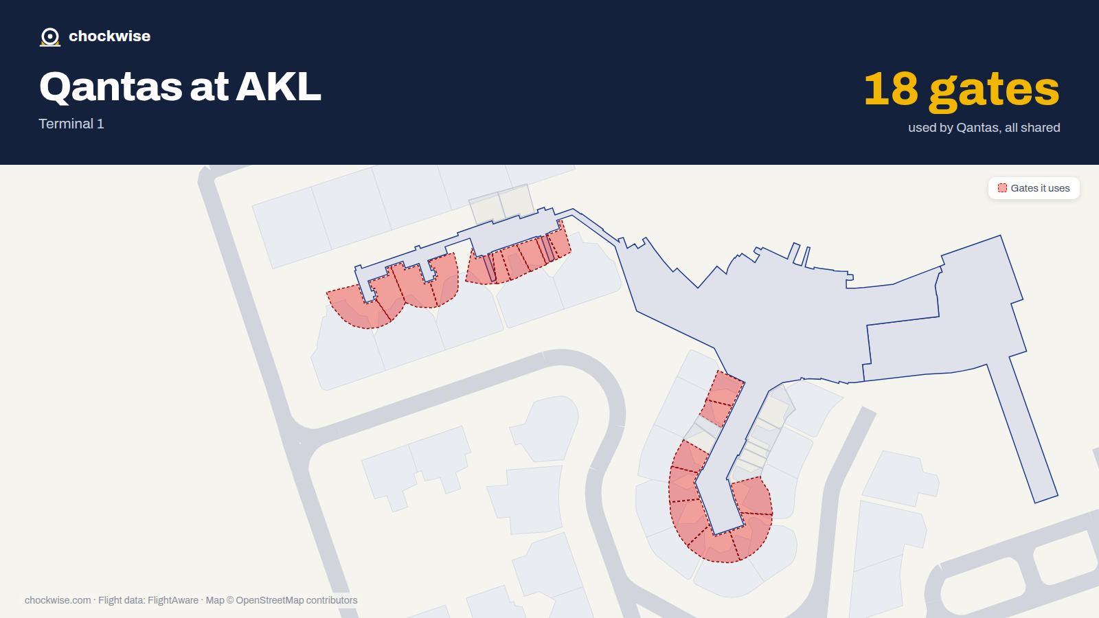 Map of AKL with the gates Qantas uses highlighted: 1, 3, 5, 6, 7, 8, 9, 10 and 10 more.