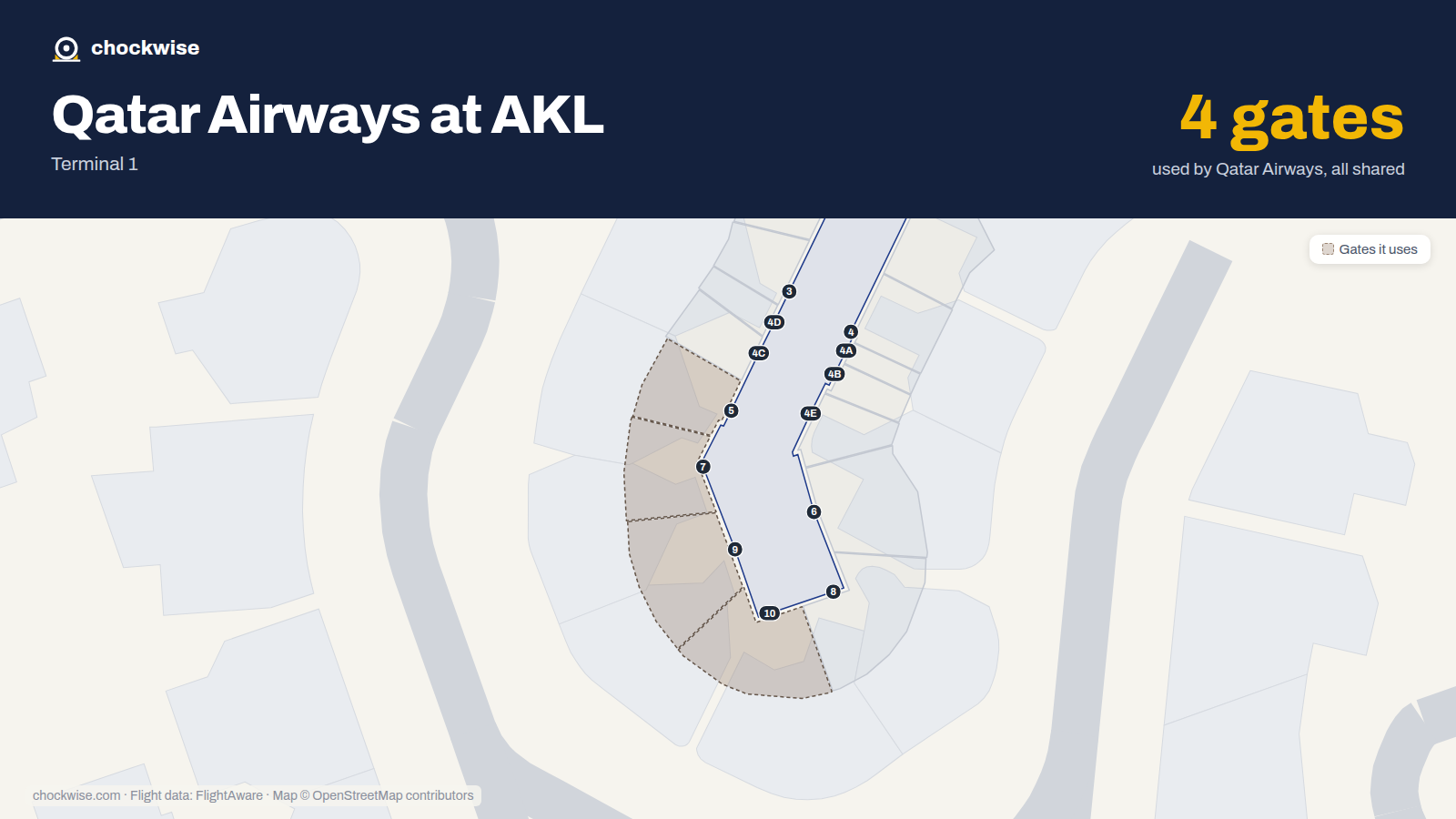 Map of AKL with the gates Qatar Airways uses highlighted: 5, 7, 9 and 10.