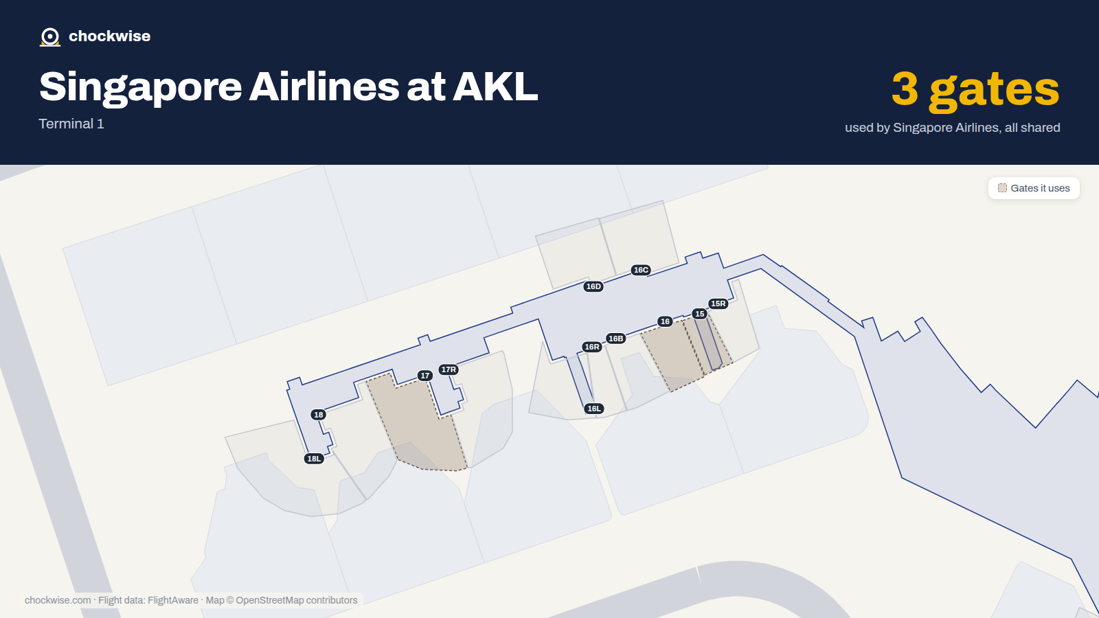Map of AKL with the gates Singapore Airlines uses highlighted: 15, 16 and 17.