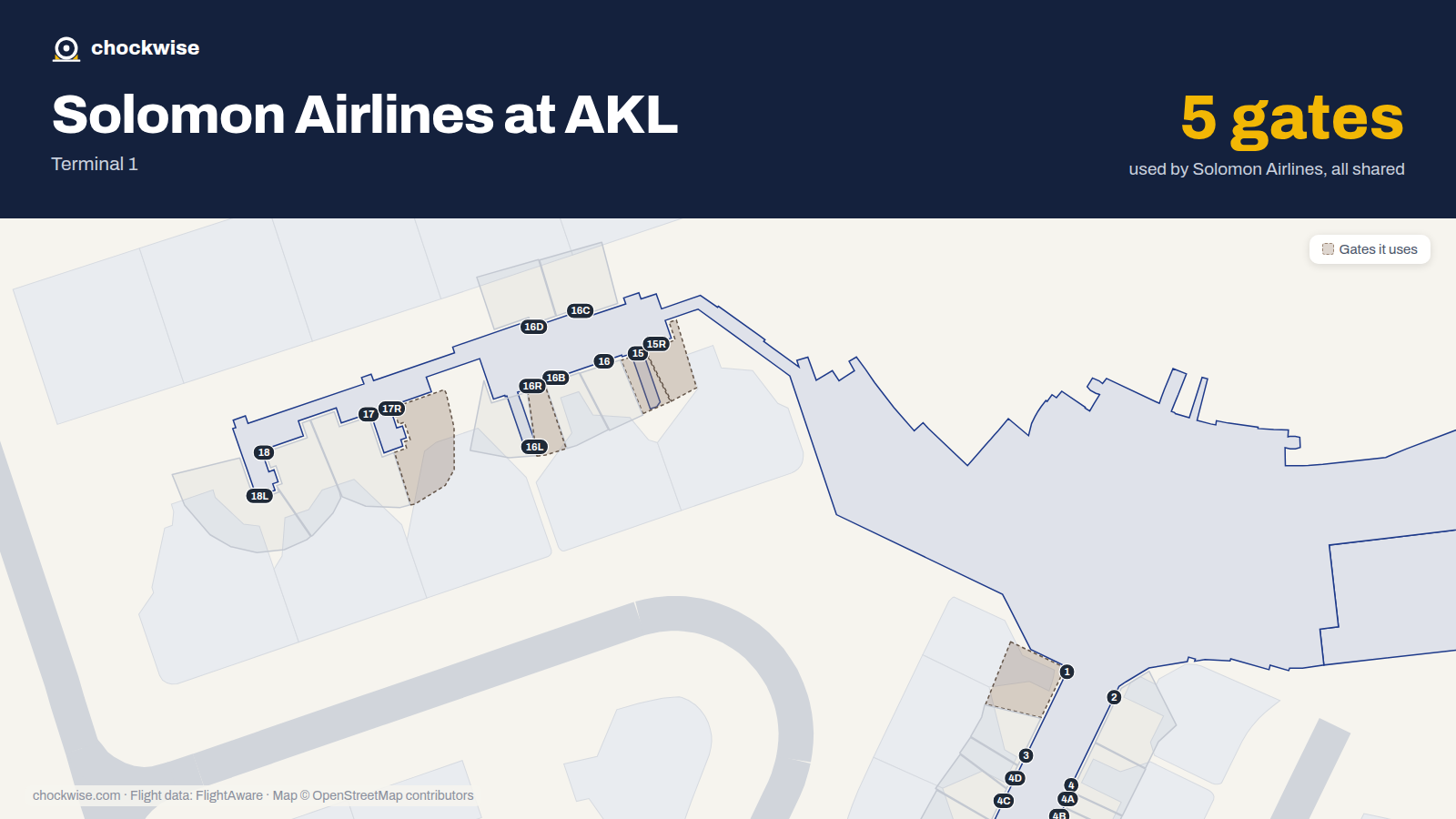 Map of AKL with the gates Solomon Airlines uses highlighted: 1, 15, 15R, 16R and 17R.