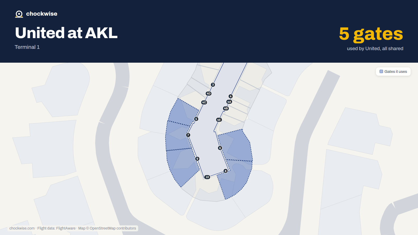 Map of AKL with the gates United Airlines uses highlighted: 5, 6, 7, 8 and 9.