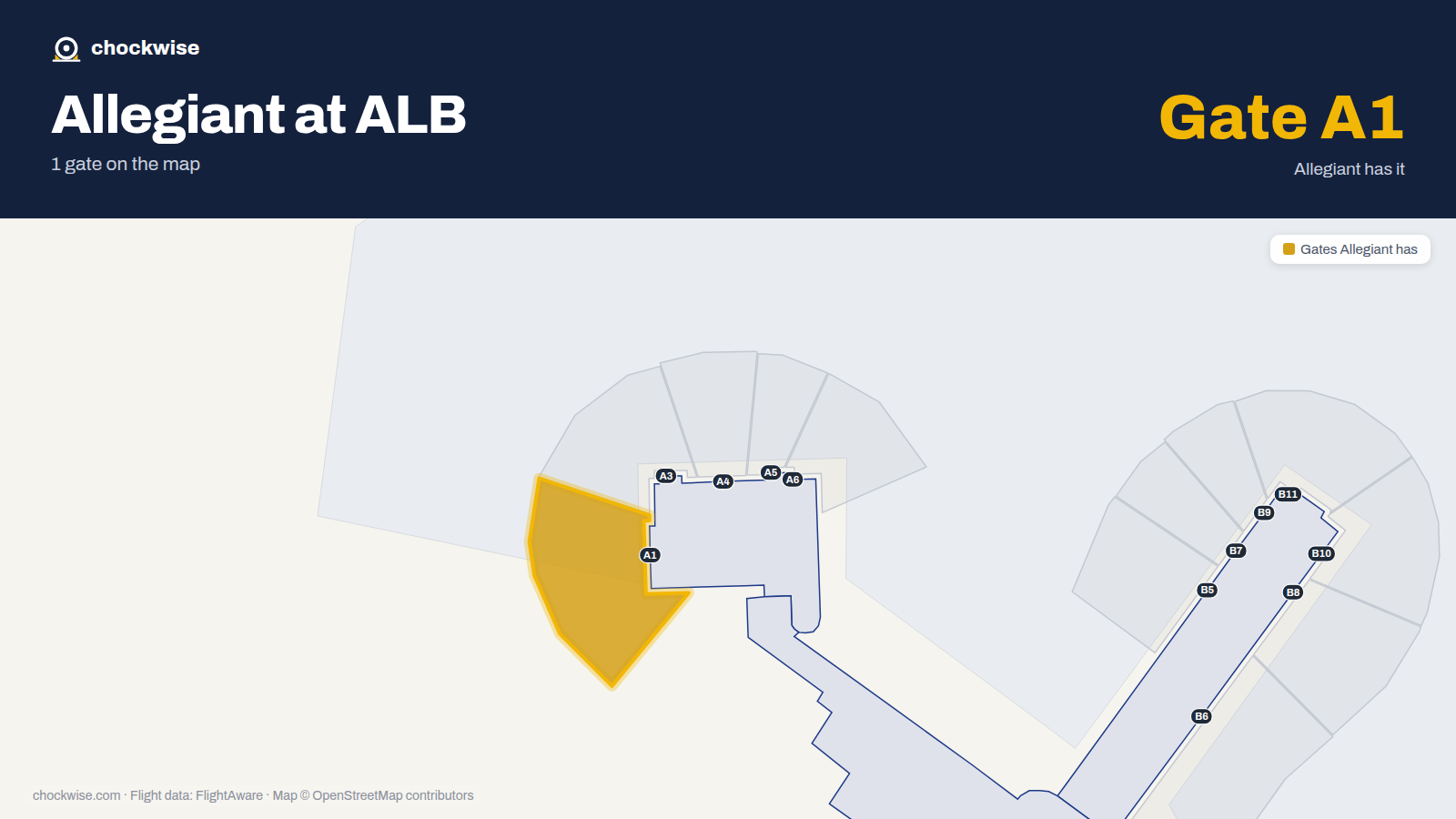 Map of ALB with the gates Allegiant Air uses highlighted: A1.