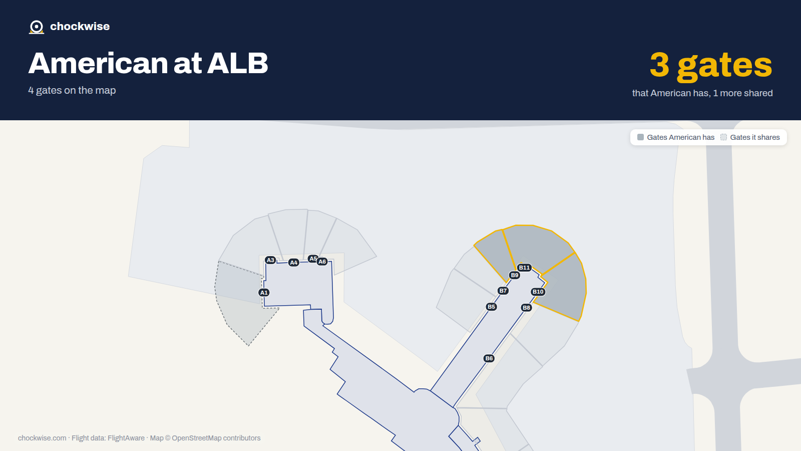 Map of ALB with the gates American Airlines uses highlighted: B9, B10 and B11.
