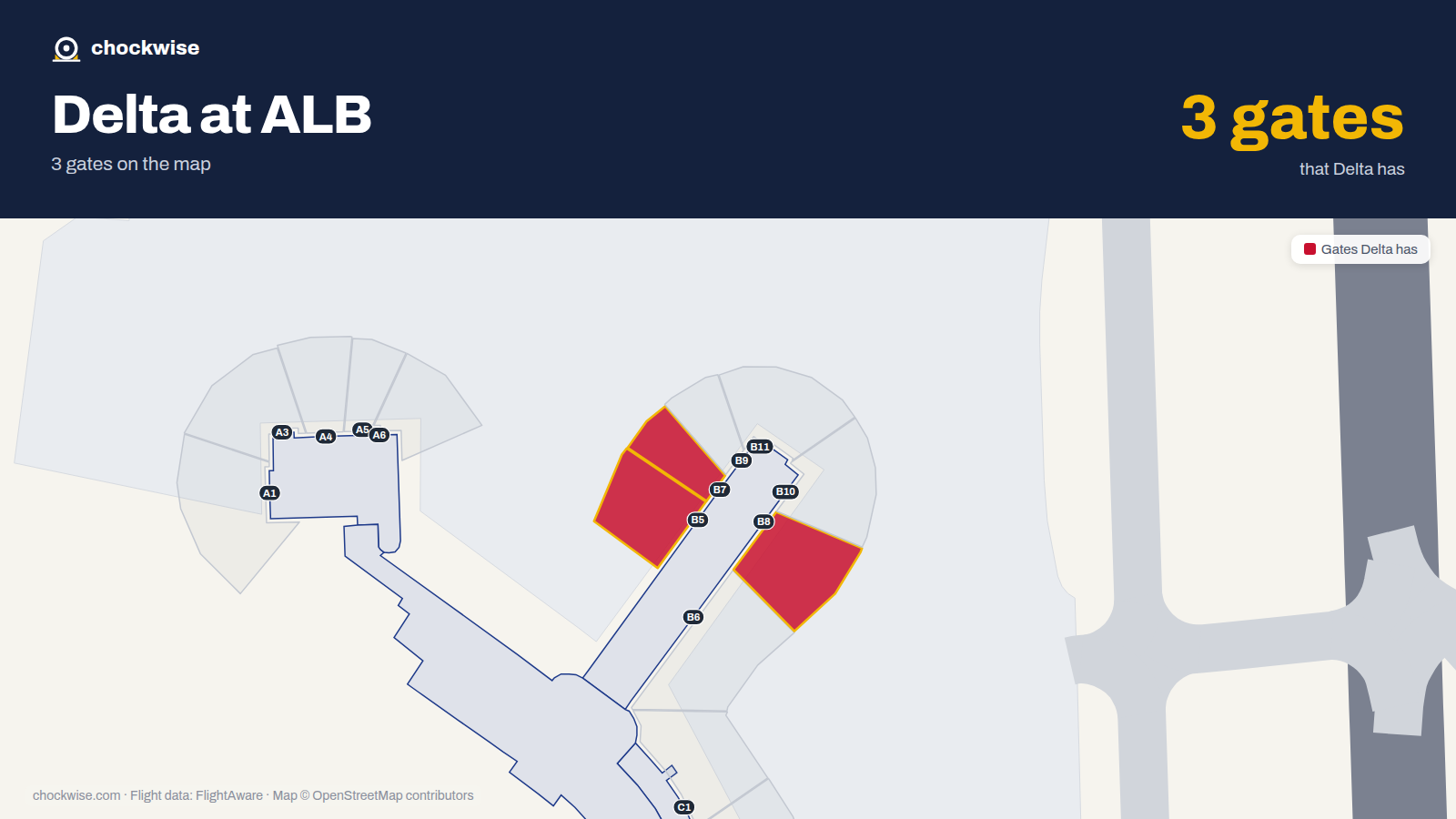 Map of ALB with the gates Delta Air Lines uses highlighted: B5, B7 and B8.