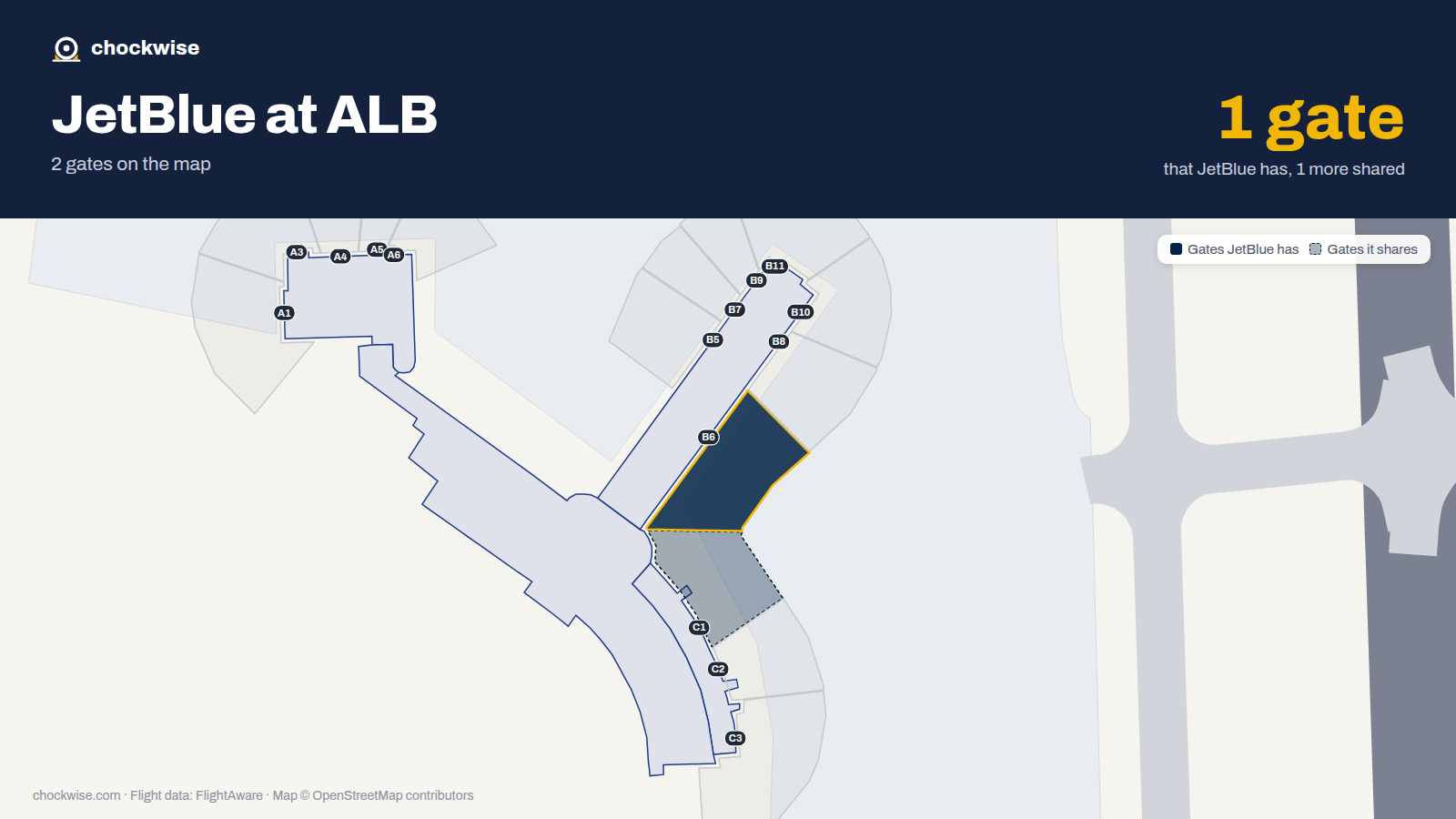 Map of ALB with the gates JetBlue uses highlighted: B6.