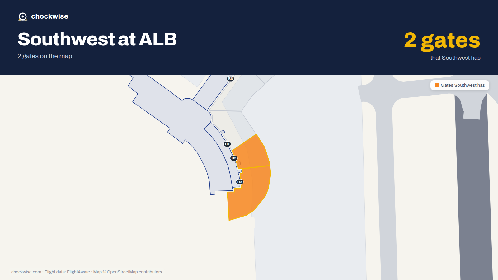 Map of ALB with the gates Southwest Airlines uses highlighted: C2 and C3.