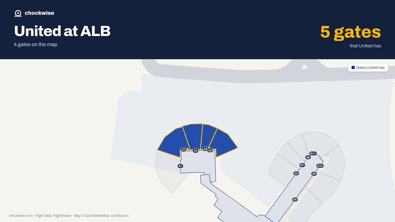 Map of ALB with the gates United Airlines uses highlighted: A3, A4, A5 and A6.