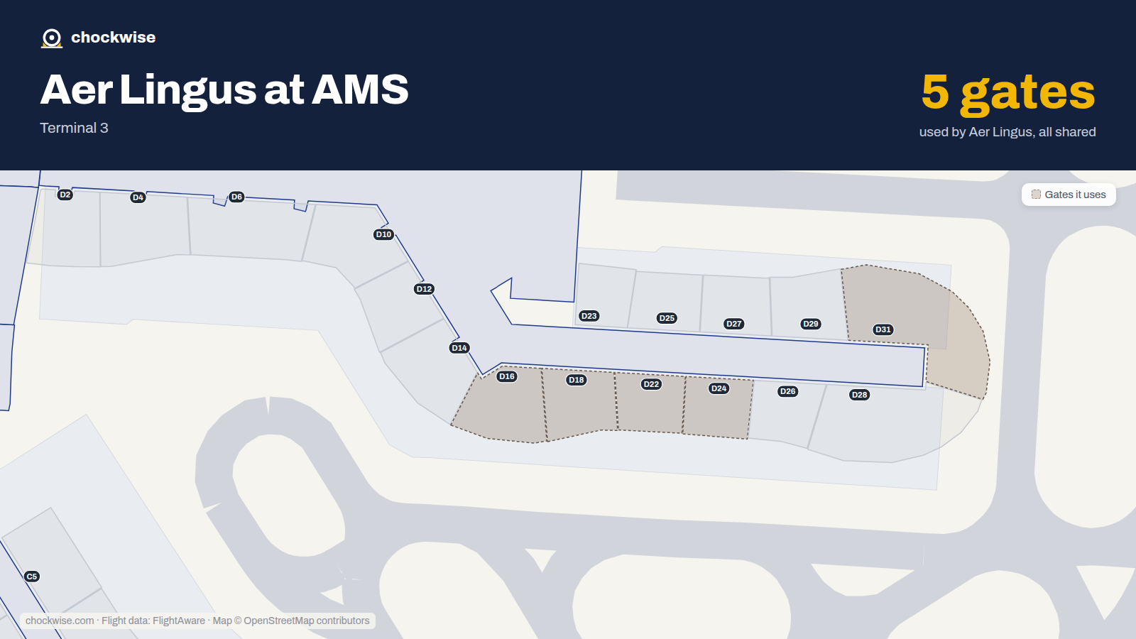 Map of AMS with the gates Aer Lingus uses highlighted: D16, D18, D22, D24 and D31.