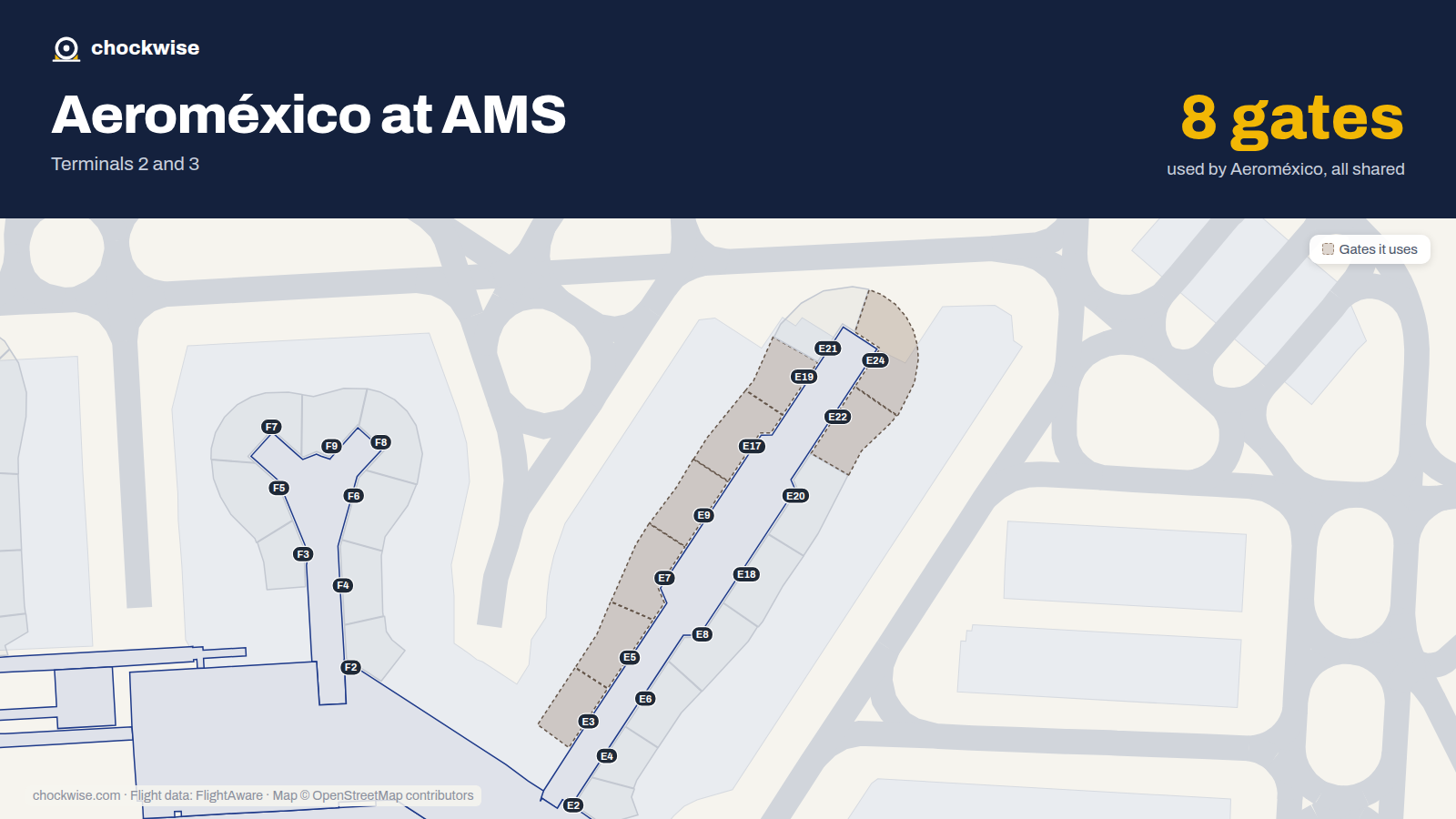 Map of AMS with the gates Aeroméxico uses highlighted: E3, E5, E7, E9, E17, E19, E22 and E24.