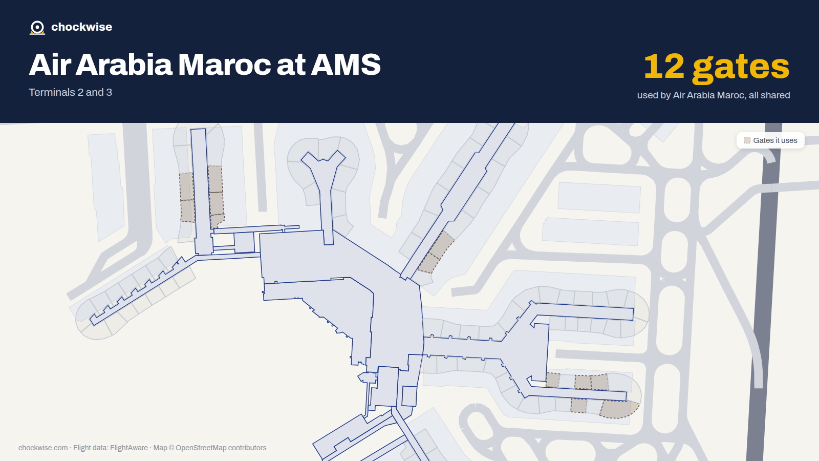 Map of AMS with the gates Air Arabia Maroc uses highlighted: G2, G3, E4, G4, G5, E6, G6, D23 and 4 more.