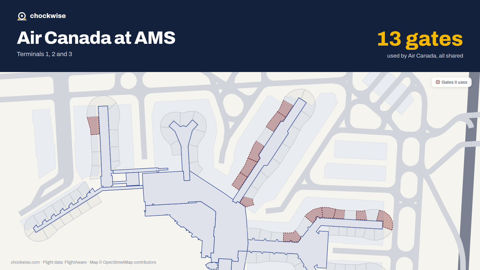 Map of AMS with the gates Air Canada uses highlighted: E2, E3, E5, D7, E7, G7, E17, E19 and 5 more.