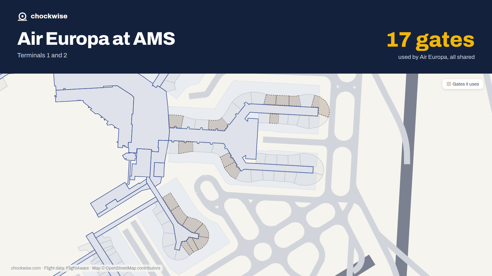 Map of AMS with the gates Air Europa uses highlighted: D4, C5, C7, D7, C9, C11, D12, C13 and 9 more.