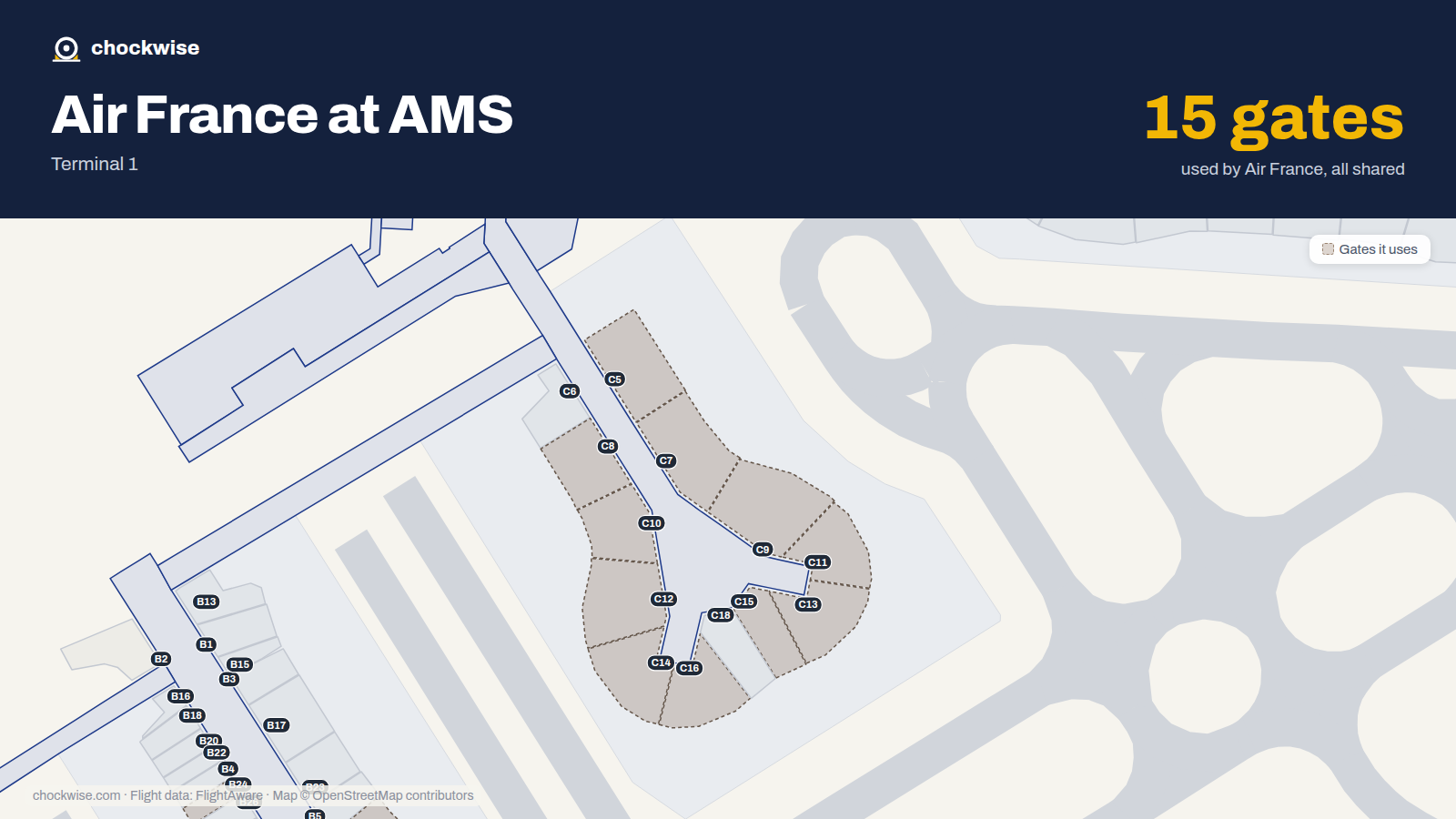 Map of AMS with the gates Air France uses highlighted: C5, C7, C8, C9, C10, C11, C12, C13 and 7 more.
