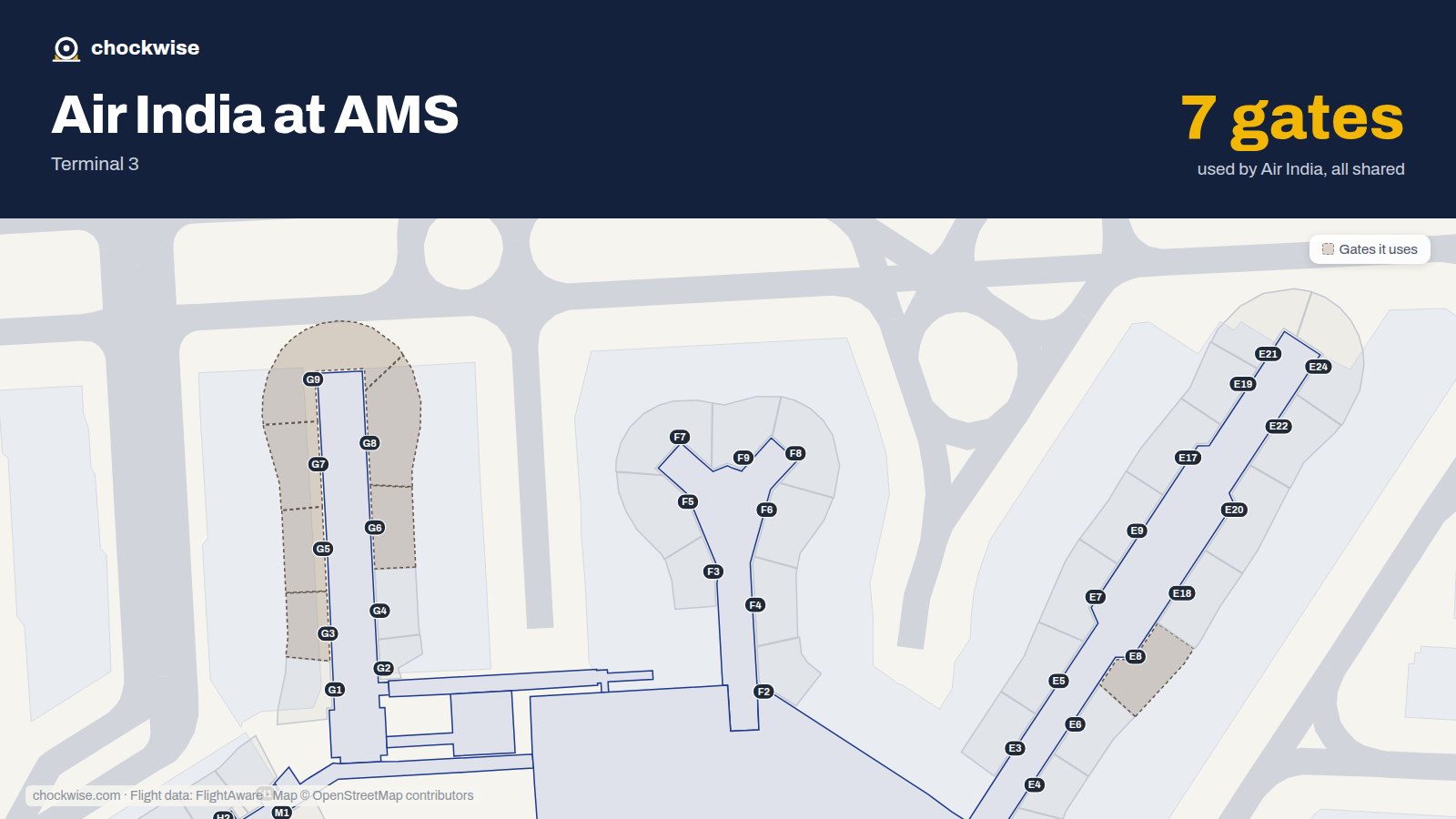 Map of AMS with the gates Air India uses highlighted: G3, G5, G6, G7, E8, G8 and G9.