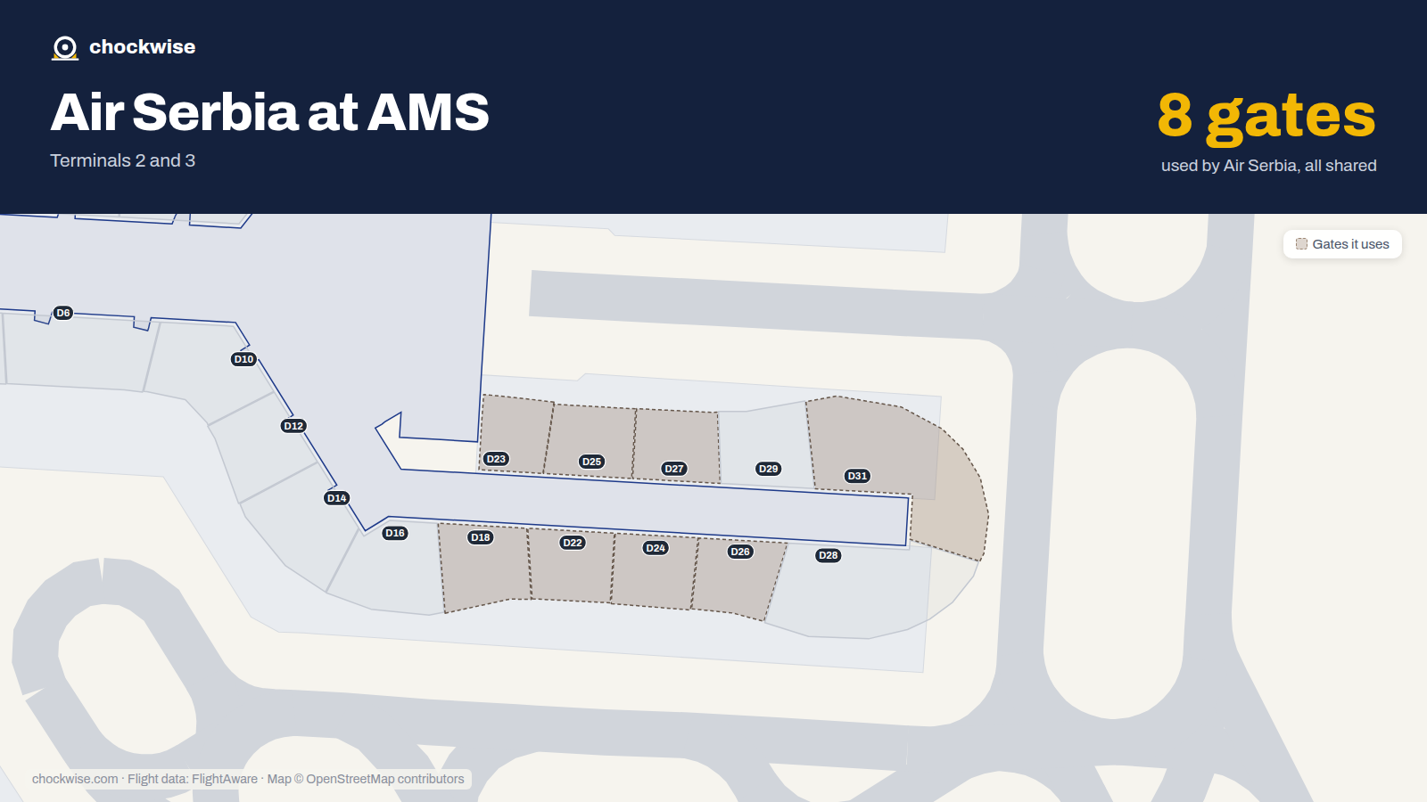 Map of AMS with the gates Air Serbia uses highlighted: D18, D22, D23, D24, D25, D26, D27 and D31.