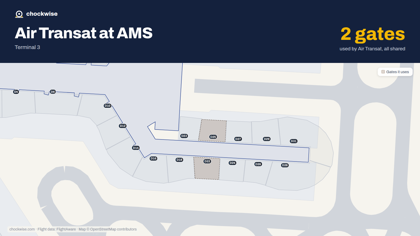 Map of AMS with the gates Air Transat uses highlighted: D22 and D25.