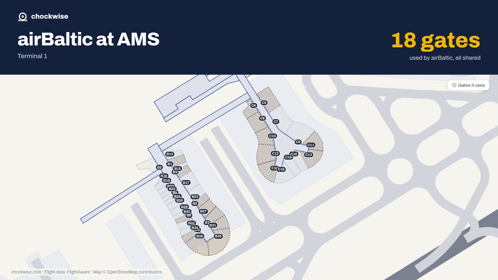 Map of AMS with the gates airBaltic uses highlighted: B1, B3, B5, C5, B6, C6, B7, B8 and 10 more.