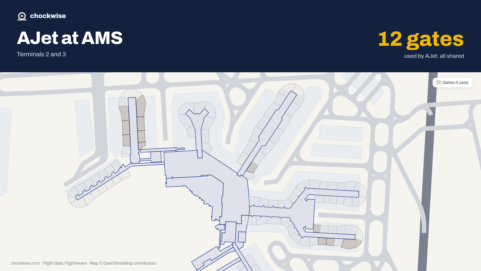 Map of AMS with the gates AJet uses highlighted: G2, G3, E4, G4, G5, G6, G7, G8 and 4 more.