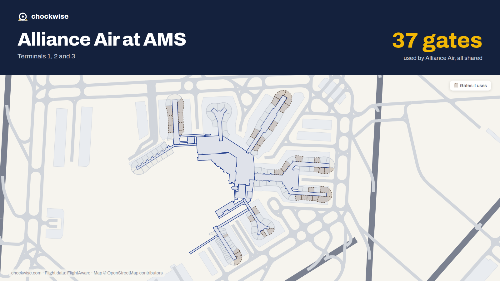 Map of AMS with the gates Alliance Air uses highlighted: G2, B3, G3, E4, G4, C5, E5, G5 and 29 more.